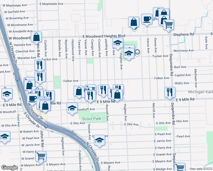 map of restaurants, bars, coffee shops, grocery stores, and more near 23133 Harding Avenue in Hazel Park