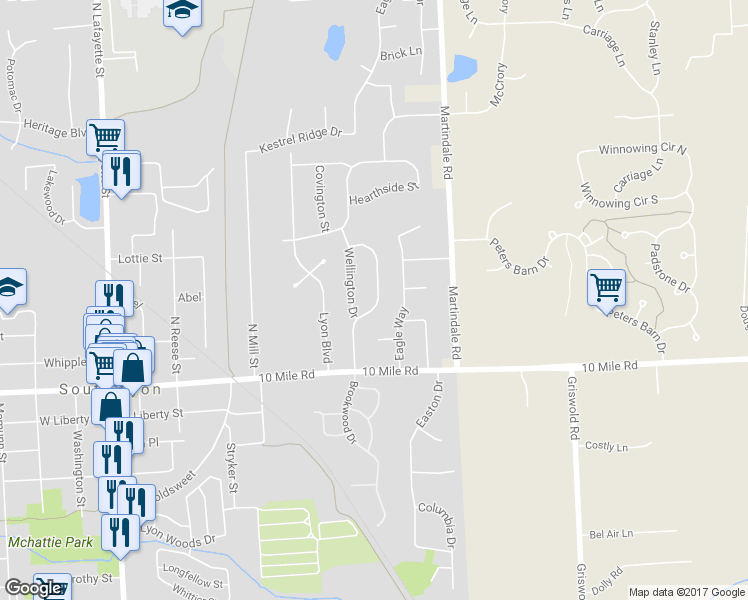 map of restaurants, bars, coffee shops, grocery stores, and more near 285 Winchester Street in South Lyon