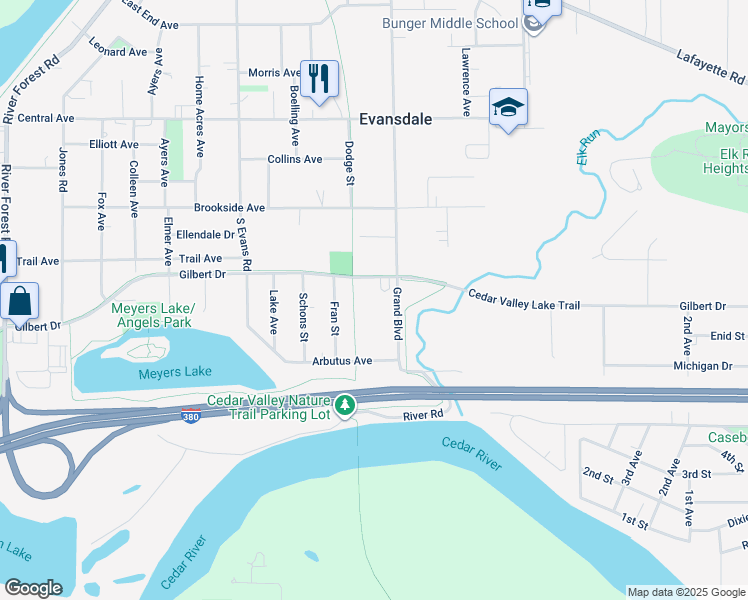 map of restaurants, bars, coffee shops, grocery stores, and more near 836 Grand Boulevard in Evansdale