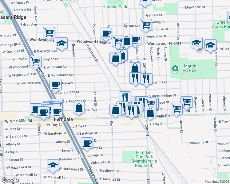 map of restaurants, bars, coffee shops, grocery stores, and more near 540 East Cambourne Street in Ferndale