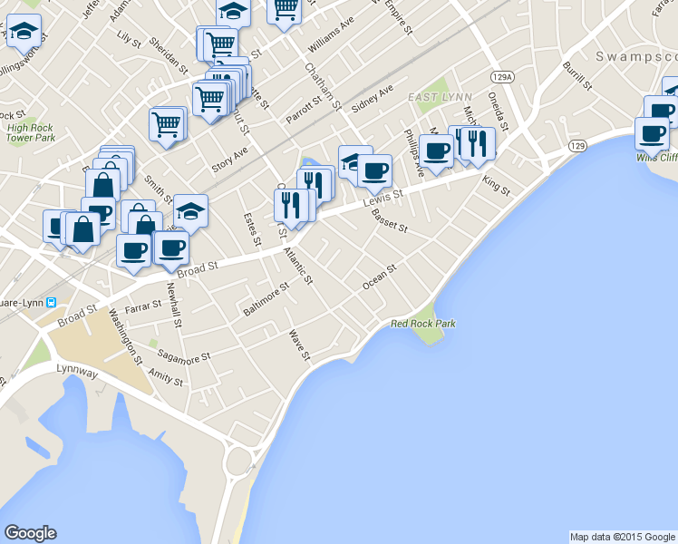 map of restaurants, bars, coffee shops, grocery stores, and more near 48 Breed Street in Lynn