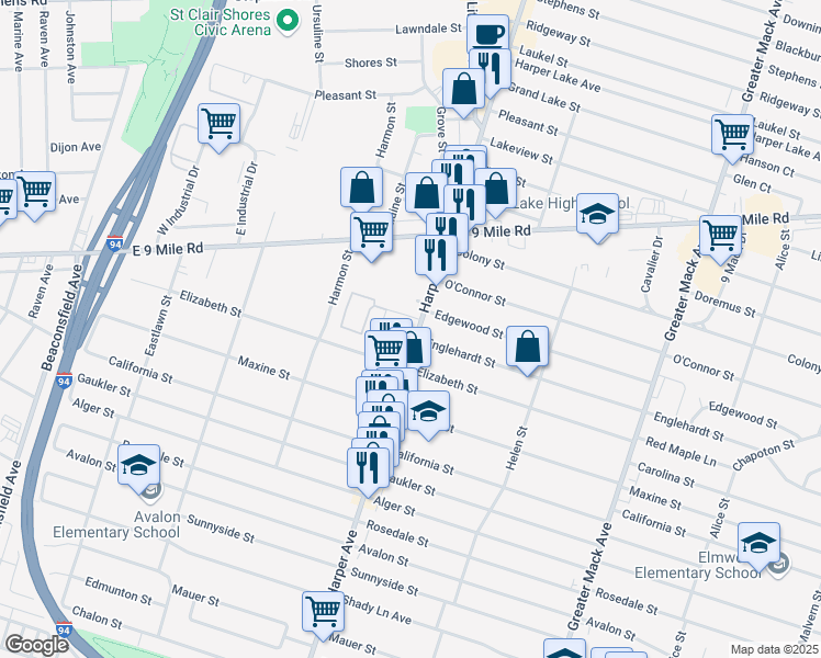 map of restaurants, bars, coffee shops, grocery stores, and more near 22701 Harper Avenue in St. Clair Shores