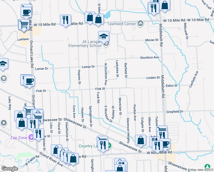 map of restaurants, bars, coffee shops, grocery stores, and more near 30240 Fink Street in Farmington Hills