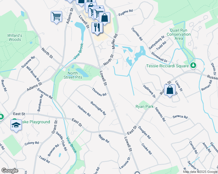 map of restaurants, bars, coffee shops, grocery stores, and more near 581 Lowell Street in Lexington