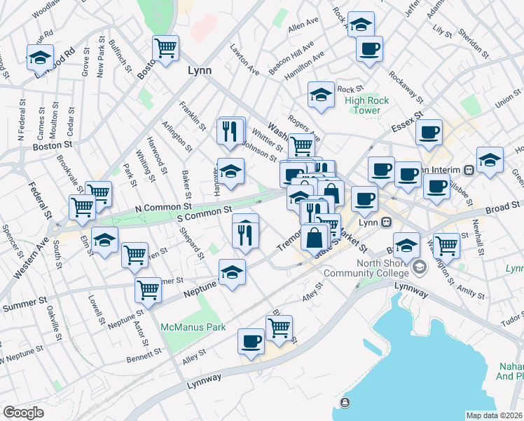 map of restaurants, bars, coffee shops, grocery stores, and more near 10 Pleasant Street in Lynn
