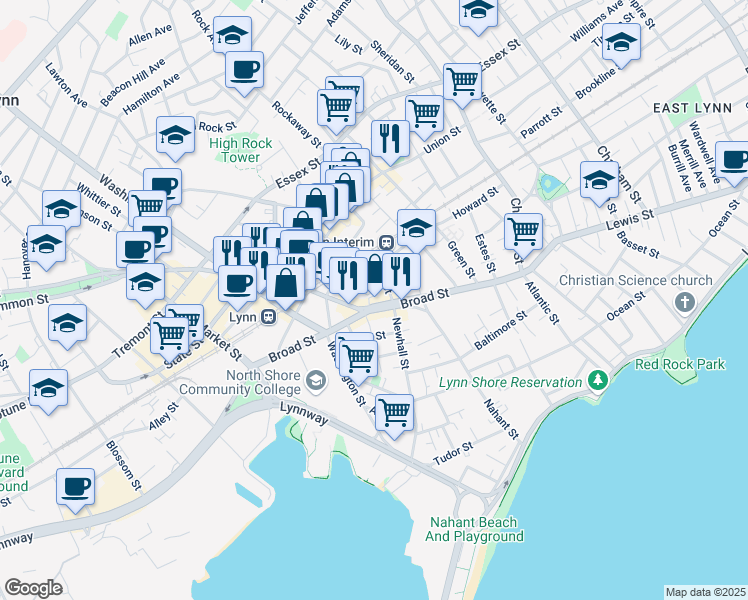 map of restaurants, bars, coffee shops, grocery stores, and more near 149 Broad Street in Lynn