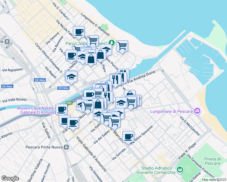 map of restaurants, bars, coffee shops, grocery stores, and more near 75 Via Marco Polo in Pescara