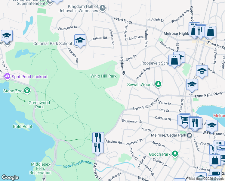map of restaurants, bars, coffee shops, grocery stores, and more near 65 Newcomb Road in Stoneham