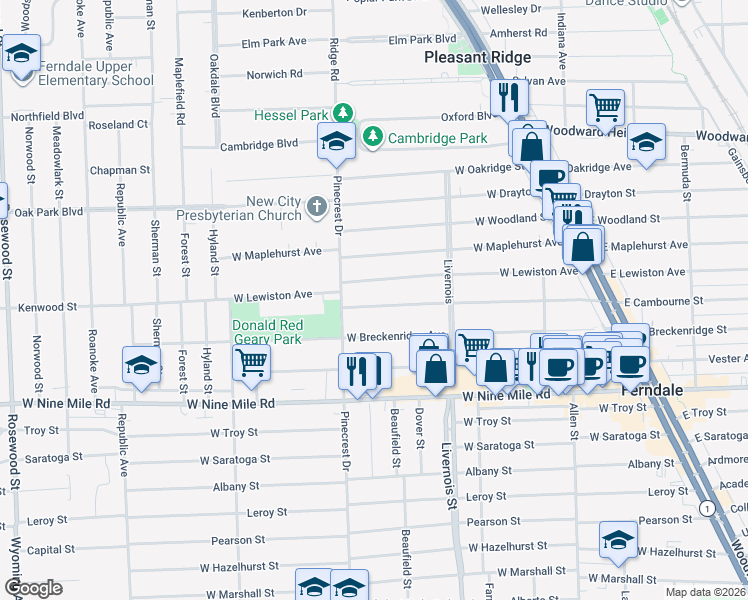 map of restaurants, bars, coffee shops, grocery stores, and more near 708 West Cambourne Street in Ferndale