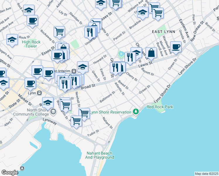 map of restaurants, bars, coffee shops, grocery stores, and more near 11-15 Broad Street Place in Lynn