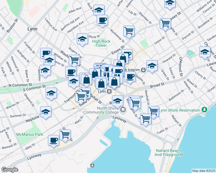 map of restaurants, bars, coffee shops, grocery stores, and more near 491 Washington Street in Lynn