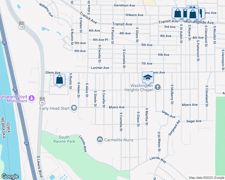 map of restaurants, bars, coffee shops, grocery stores, and more near 3299 Bushnell Ave in Sioux City