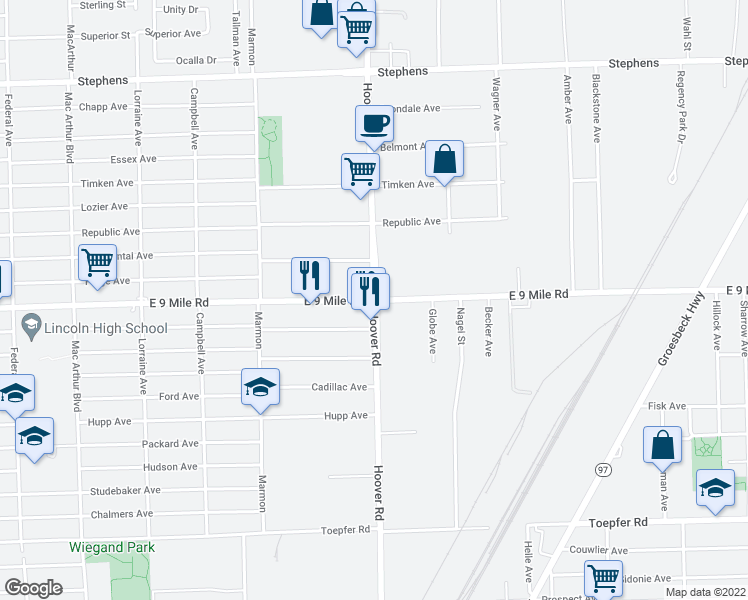map of restaurants, bars, coffee shops, grocery stores, and more near East 9 Mile Road & Hoover Road in Warren