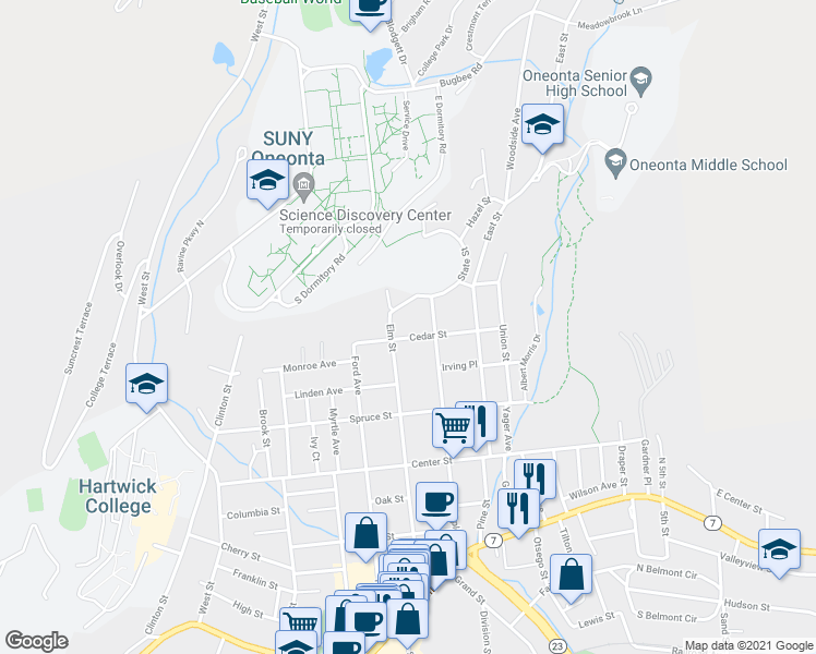 map of restaurants, bars, coffee shops, grocery stores, and more near 25 Cedar Street in Oneonta