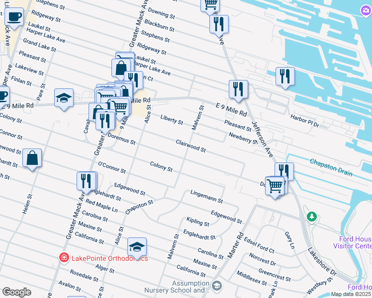 map of restaurants, bars, coffee shops, grocery stores, and more near 22728 Clairwood St in St Clair Shores