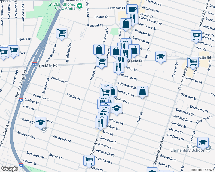 map of restaurants, bars, coffee shops, grocery stores, and more near 22701 Harper Avenue in St. Clair Shores