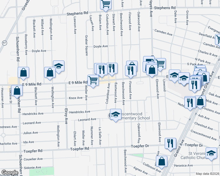 map of restaurants, bars, coffee shops, grocery stores, and more near 22805 Eastwood Avenue in Warren