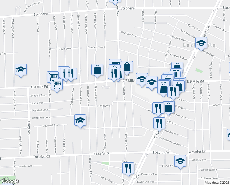 map of restaurants, bars, coffee shops, grocery stores, and more near 22365 Hayes Avenue in Eastpointe
