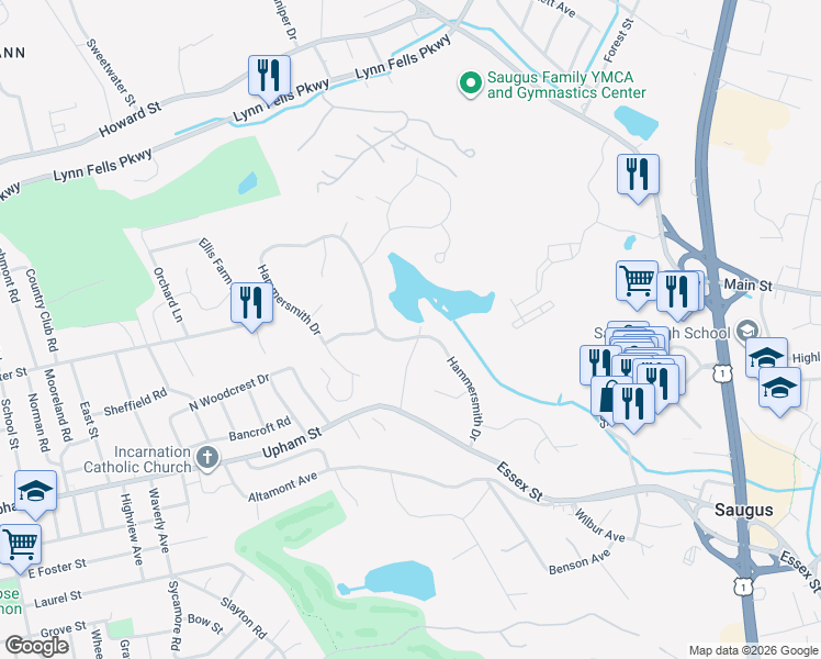 map of restaurants, bars, coffee shops, grocery stores, and more near 21 Hammersmith Drive in Saugus
