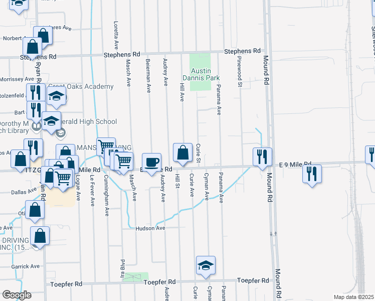 map of restaurants, bars, coffee shops, grocery stores, and more near 23162 Hill Avenue in Warren