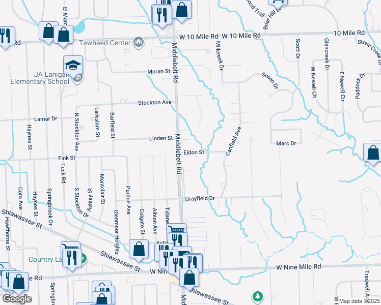 map of restaurants, bars, coffee shops, grocery stores, and more near 29386 Eldon Street in Farmington Hills