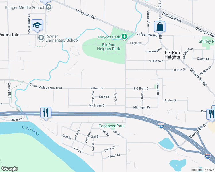 map of restaurants, bars, coffee shops, grocery stores, and more near 1757 Gilbert Drive in Evansdale
