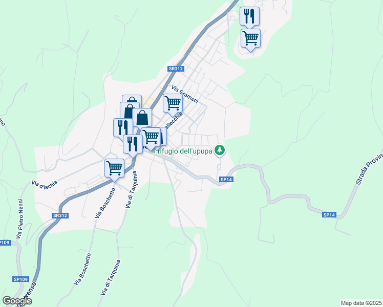 map of restaurants, bars, coffee shops, grocery stores, and more near 71 Via Guido Caratelli in Canino