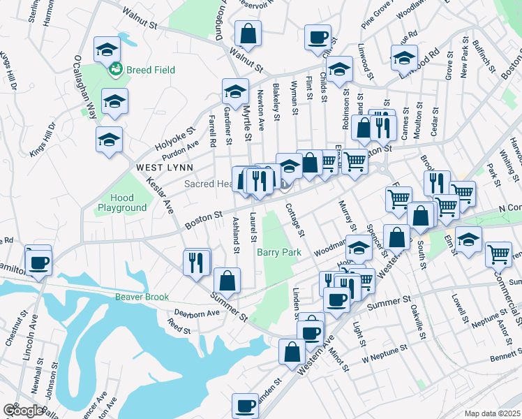 map of restaurants, bars, coffee shops, grocery stores, and more near 616R Boston St in Lynn