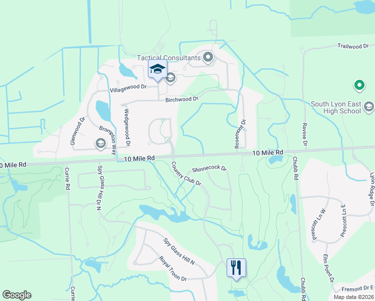 map of restaurants, bars, coffee shops, grocery stores, and more near 53990 10 Mile Road in South Lyon
