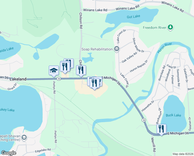 map of restaurants, bars, coffee shops, grocery stores, and more near 5839 Michigan 36 in Pinckney