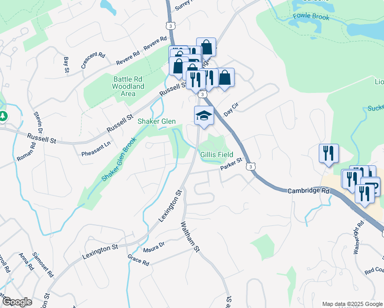 map of restaurants, bars, coffee shops, grocery stores, and more near 243 Lexington Street in Woburn