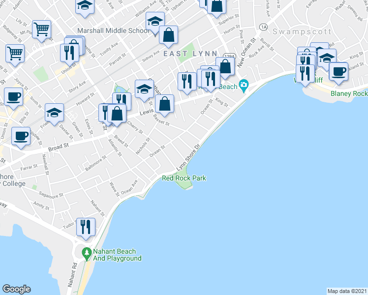 map of restaurants, bars, coffee shops, grocery stores, and more near 27 Wolcott Road in Lynn