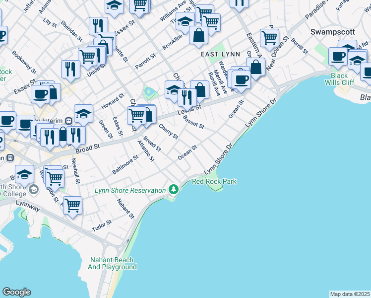 map of restaurants, bars, coffee shops, grocery stores, and more near 53 Cherry Street in Lynn