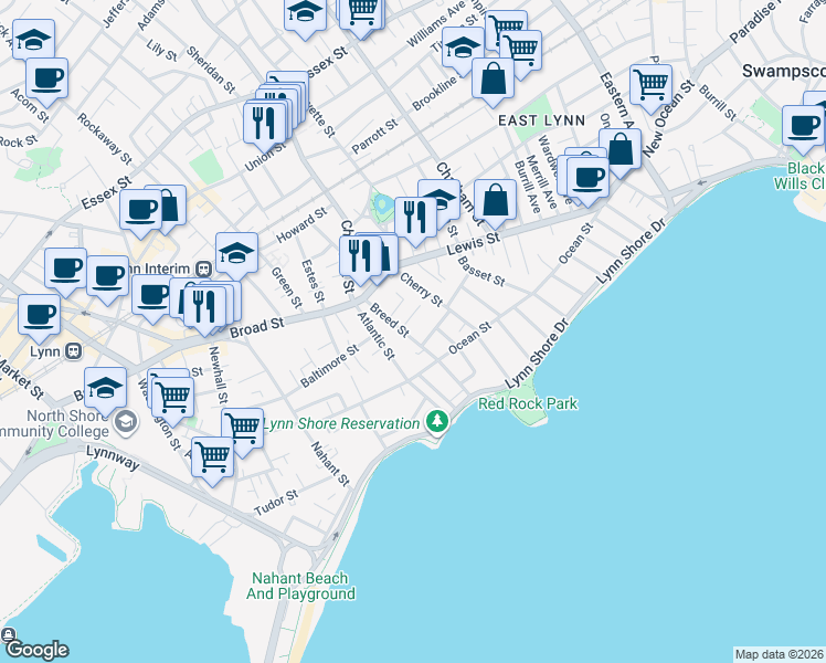 map of restaurants, bars, coffee shops, grocery stores, and more near 48 Breed Street in Lynn