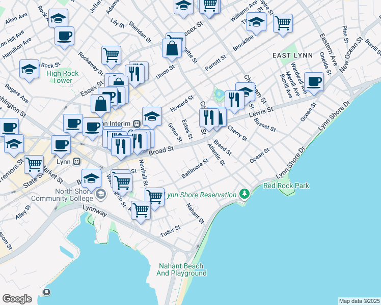map of restaurants, bars, coffee shops, grocery stores, and more near 40 Broad Street in Lynn