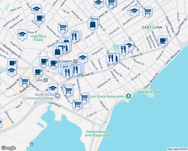 map of restaurants, bars, coffee shops, grocery stores, and more near 40 Broad Street in Lynn
