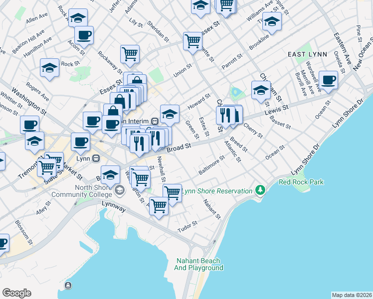 map of restaurants, bars, coffee shops, grocery stores, and more near 72 Broad Street in Lynn