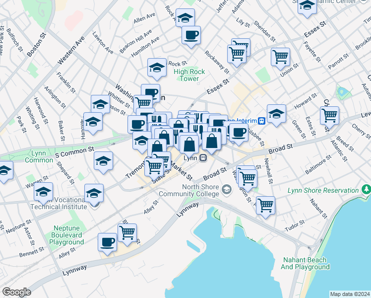map of restaurants, bars, coffee shops, grocery stores, and more near 173 Oxford Street in Lynn