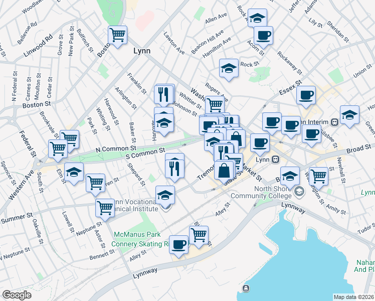 map of restaurants, bars, coffee shops, grocery stores, and more near 10 Pleasant Street in Lynn