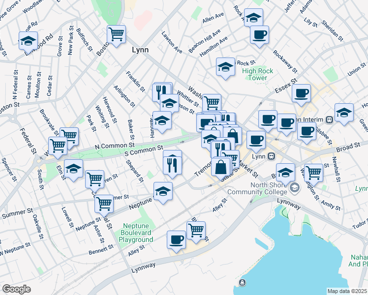 map of restaurants, bars, coffee shops, grocery stores, and more near 10 Pleasant Street in Lynn