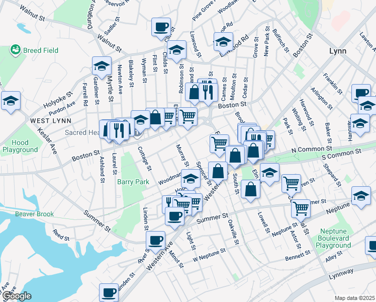 map of restaurants, bars, coffee shops, grocery stores, and more near 74 Spencer Street in Lynn