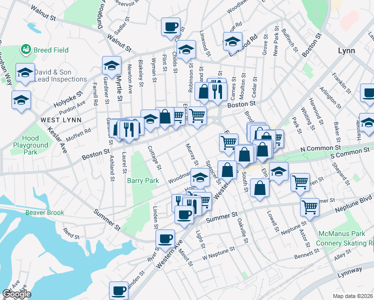 map of restaurants, bars, coffee shops, grocery stores, and more near 2A Fuller Street Court in Lynn