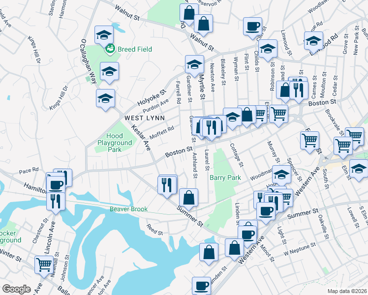 map of restaurants, bars, coffee shops, grocery stores, and more near 649 Boston Street in Lynn