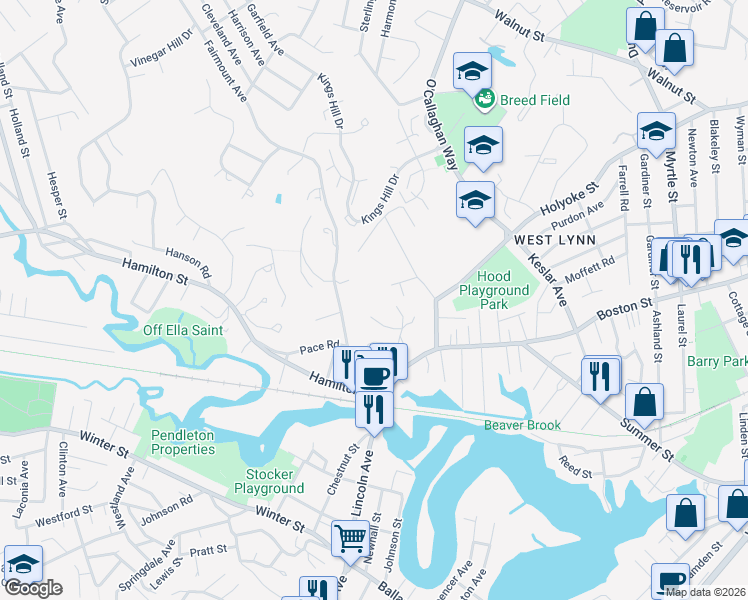 map of restaurants, bars, coffee shops, grocery stores, and more near 32 Homesite Street in Lynn