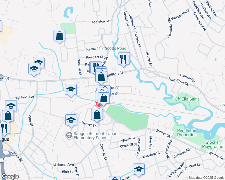 map of restaurants, bars, coffee shops, grocery stores, and more near 11 Pearson Street in Saugus