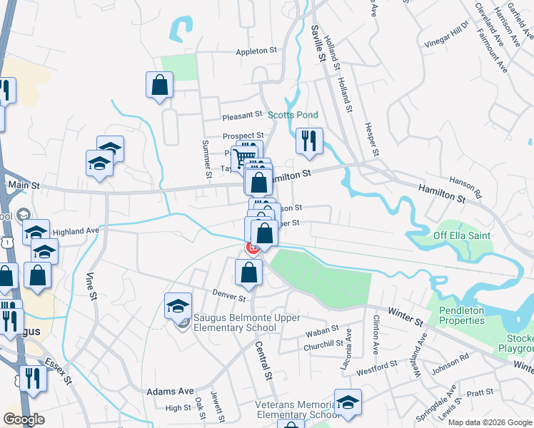 map of restaurants, bars, coffee shops, grocery stores, and more near 11 Pearson Street in Saugus