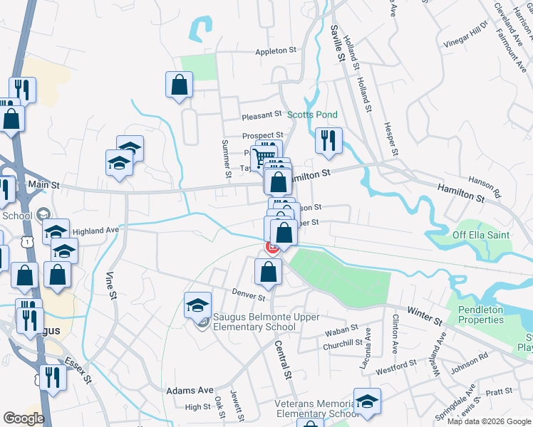 map of restaurants, bars, coffee shops, grocery stores, and more near 321 Central Street in Saugus