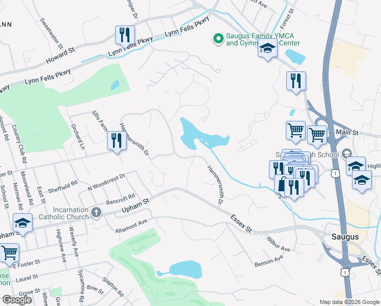 map of restaurants, bars, coffee shops, grocery stores, and more near 21 Hammersmith Drive in Saugus