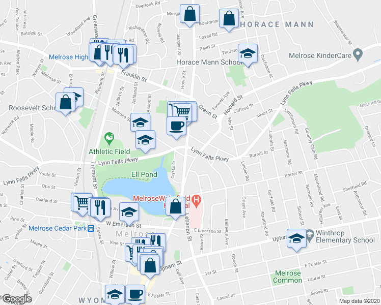 map of restaurants, bars, coffee shops, grocery stores, and more near 515 Lynn Fells Parkway in Melrose