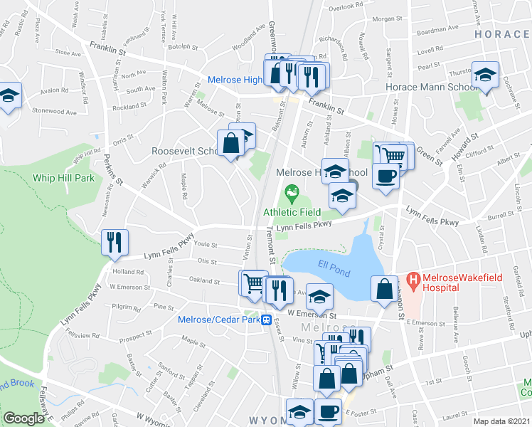 map of restaurants, bars, coffee shops, grocery stores, and more near 130 Tremont Street in Melrose
